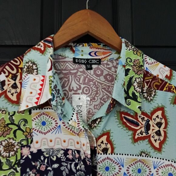 Boho Chic NWT Sz. M Multi Color Patchwork 3/4 Sleeve Button Up Blouse - Picture 3 of 16